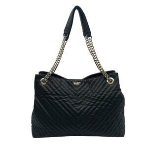 Victoria Secret Black Faux Leather V-Quilt Shoulder Tote
